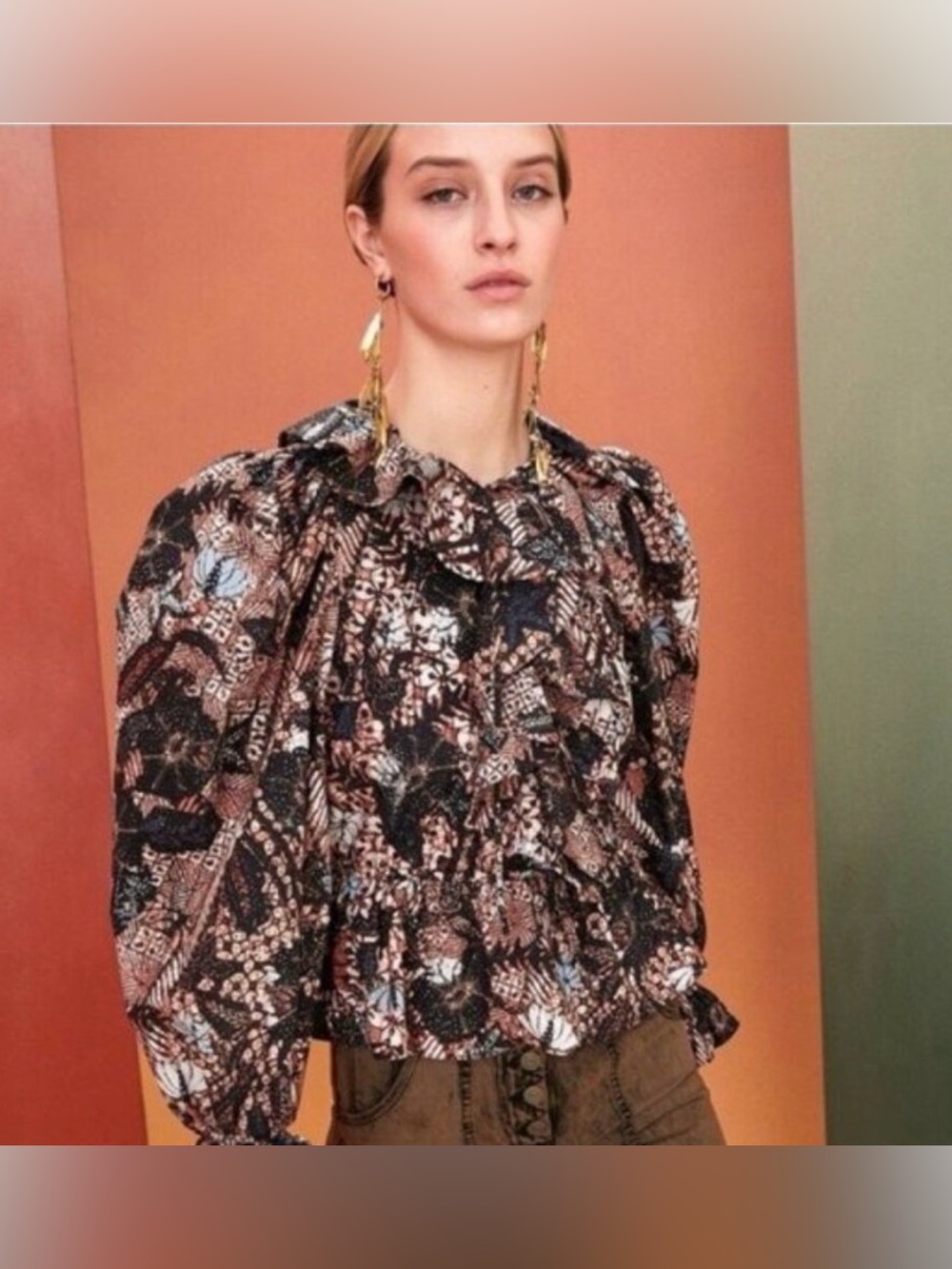 Designer Ulla Johnson Kalila Blouse Rosewwod Leaves Brown Black Ruffle Top Sz 2